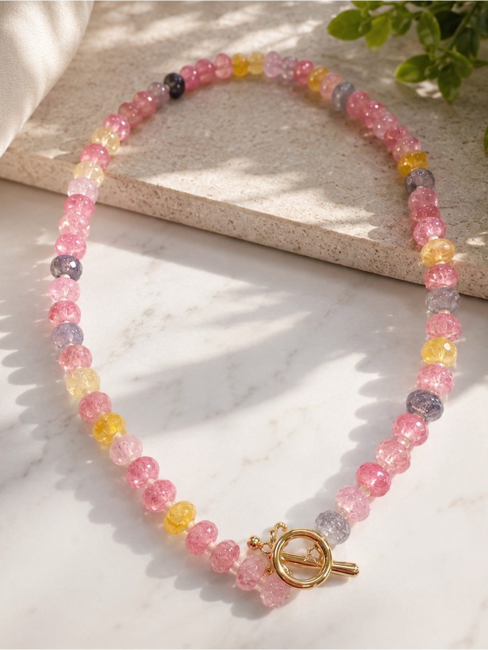 Necklace Handmade Pink Glass Gold Plated Toggle Closure Multicolor Beaded